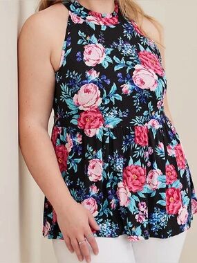 Torrid Baby Doll Top Blouse Plus Size 2 Super Soft Knit Black Floral Sleeveless